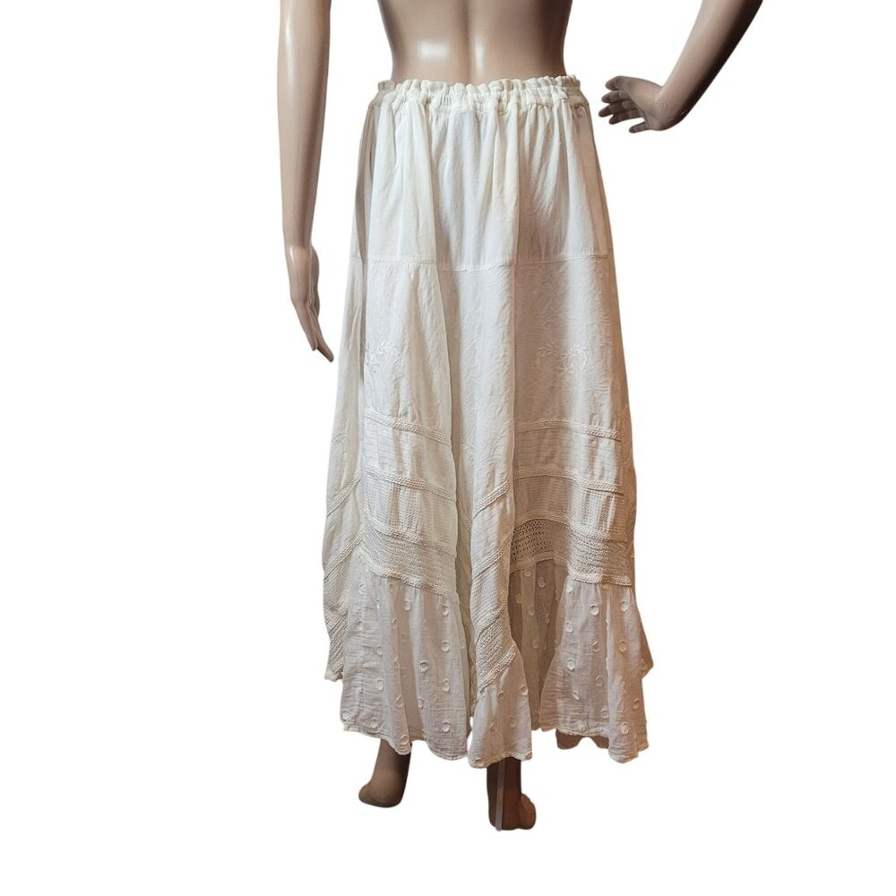 L'POGEE Bohemian White Maxi Skirt With Eyelet Detail & Crochet Layers Tie - Picture 5 of 14
